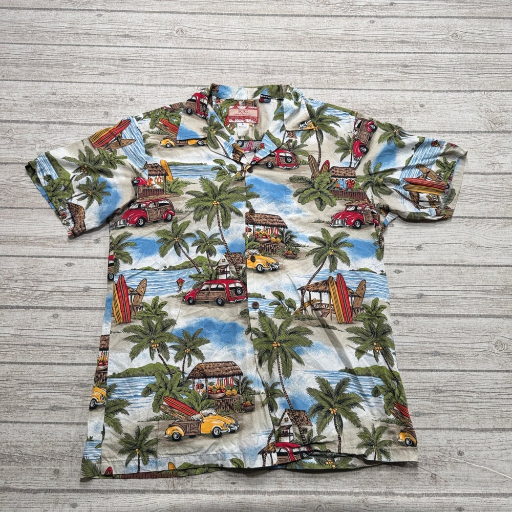 RJC Hawaiian Shirt Men's Large Colorful Woody Car Surfboard Beach Aloha Summer